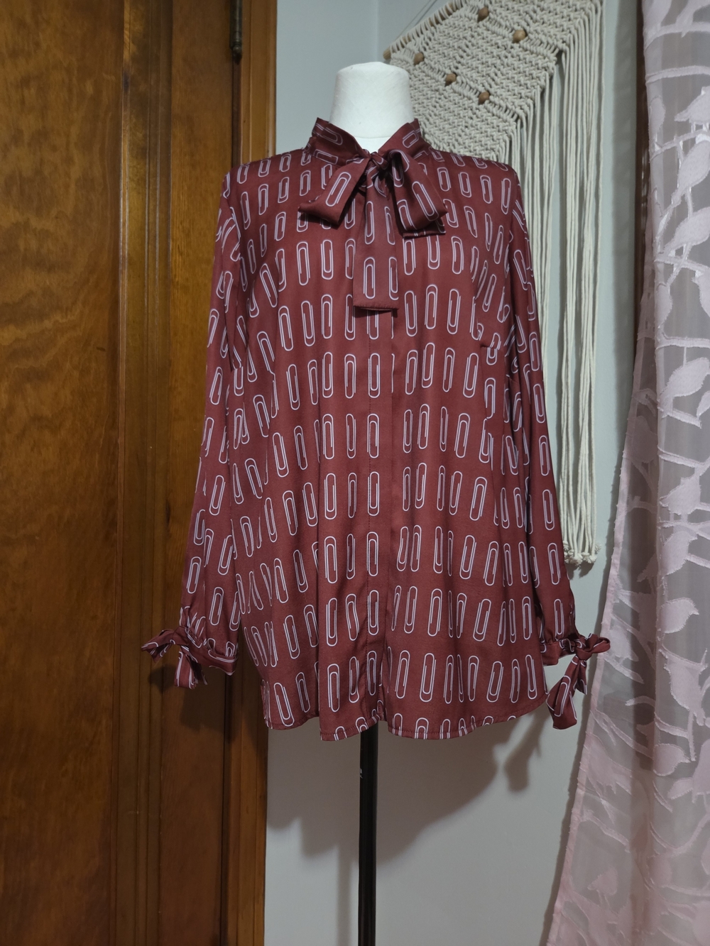 Modcloth Maroon Bow-Tie Long Sleeve Blouse with White Paper Clip Print